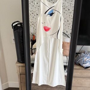 SHEIN White Sleeveless Dress with Artistic Face Design Sz 4
